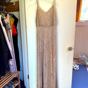 Adrianna Papell gold beaded bridesmaid dress